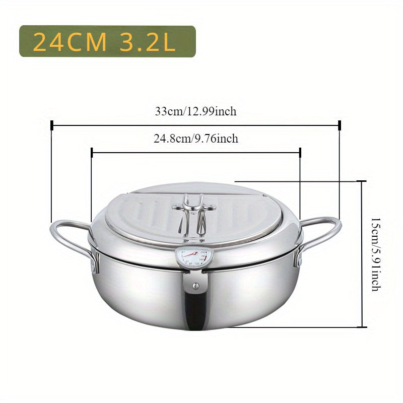 1pc Deep Fryer Pot, Stainless Steel Frying Pot With Thermometer