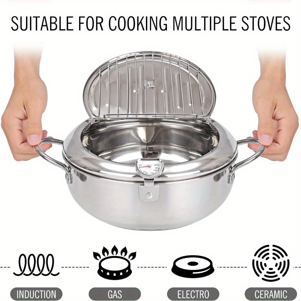 1pc Deep Fryer Pot, Stainless Steel Frying Pot With Thermometer