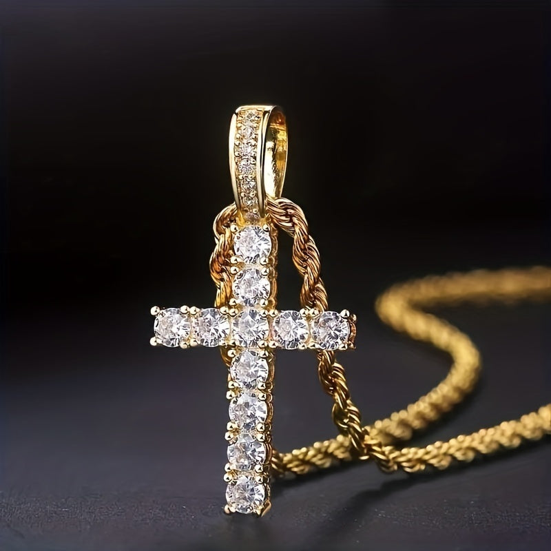 2pcs/ set of Exquisite Synthetic Zirconia 18k Gold-plated Cross Pendant Necklace Men'S Party Daily Sweater Chain, Personality Everything Collars