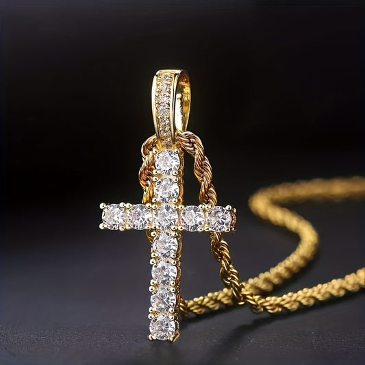 2pcs/ set of Exquisite Synthetic Zirconia 18k Gold-plated Cross Pendant Necklace Men'S Party Daily Sweater Chain, Personality Everything Collars
