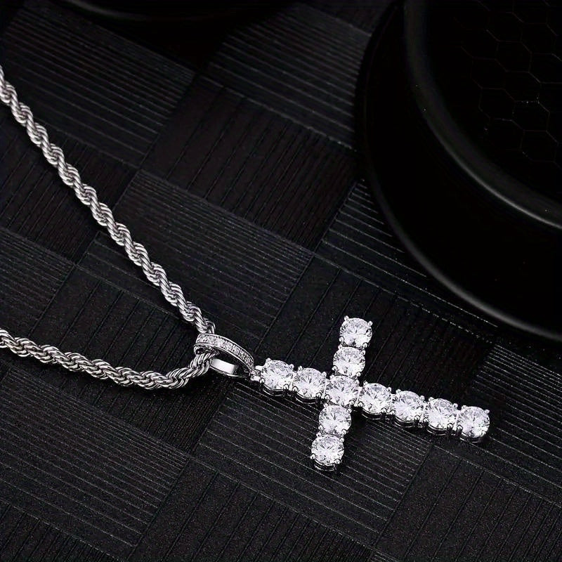 2pcs/ set of Exquisite Synthetic Zirconia 18k Gold-plated Cross Pendant Necklace Men'S Party Daily Sweater Chain, Personality Everything Collars