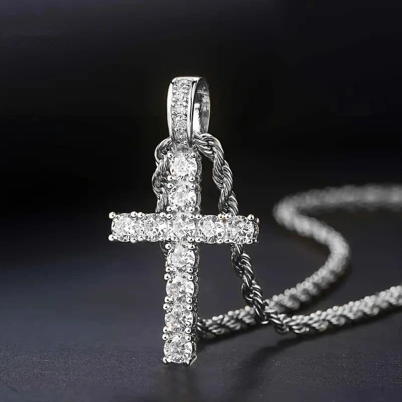 2pcs/ set of Exquisite Synthetic Zirconia 18k Gold-plated Cross Pendant Necklace Men'S Party Daily Sweater Chain, Personality Everything Collars