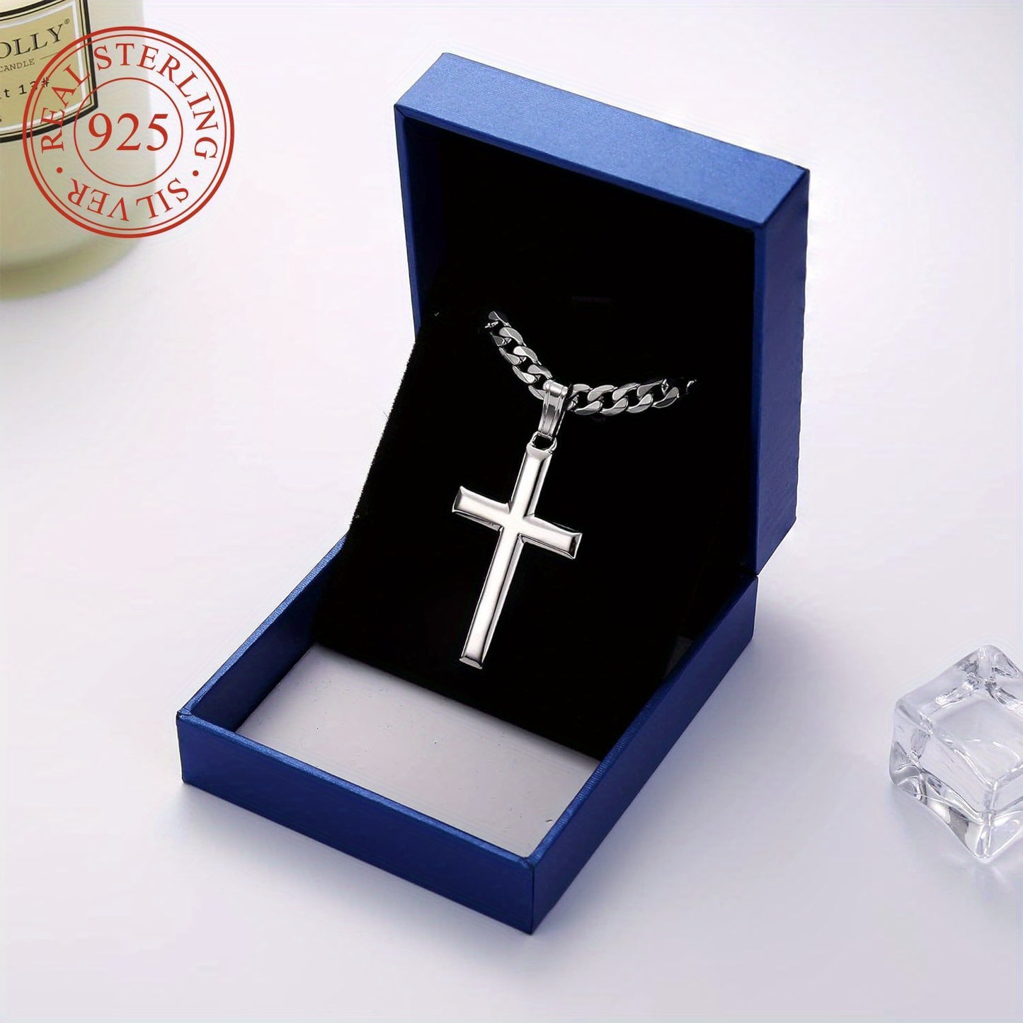 Milacolato 925 Sterling Silver Cross Necklace with 18K White Gold Plated Beveled Edge - Hypoallergenic, Durable Curb Chain, Perfect for Casual Attire & Gifting