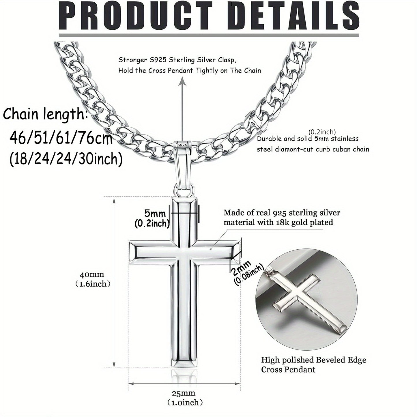 Milacolato 925 Sterling Silver Cross Necklace with 18K White Gold Plated Beveled Edge - Hypoallergenic, Durable Curb Chain, Perfect for Casual Attire & Gifting