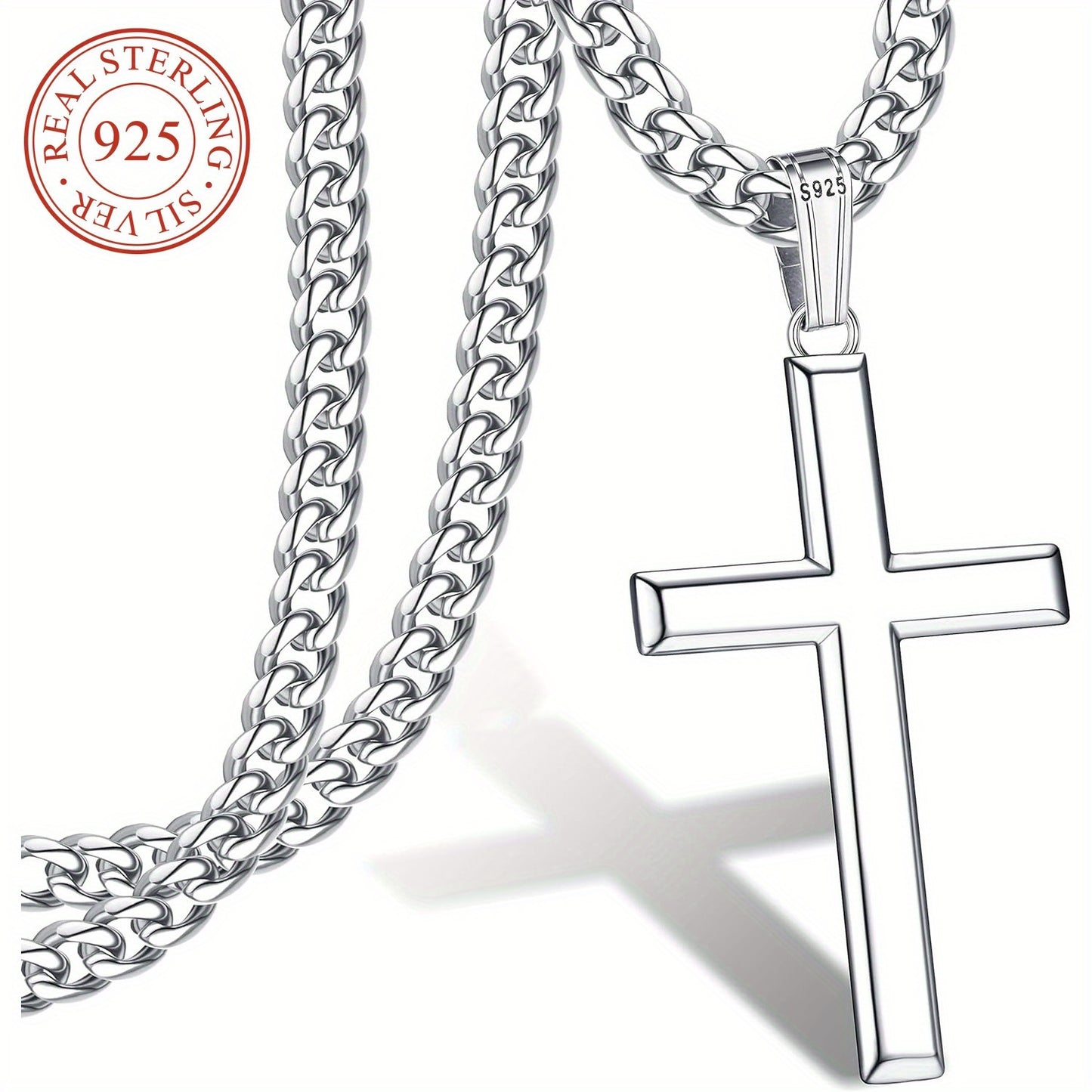 Milacolato 925 Sterling Silver Cross Necklace with 18K White Gold Plated Beveled Edge - Hypoallergenic, Durable Curb Chain, Perfect for Casual Attire & Gifting