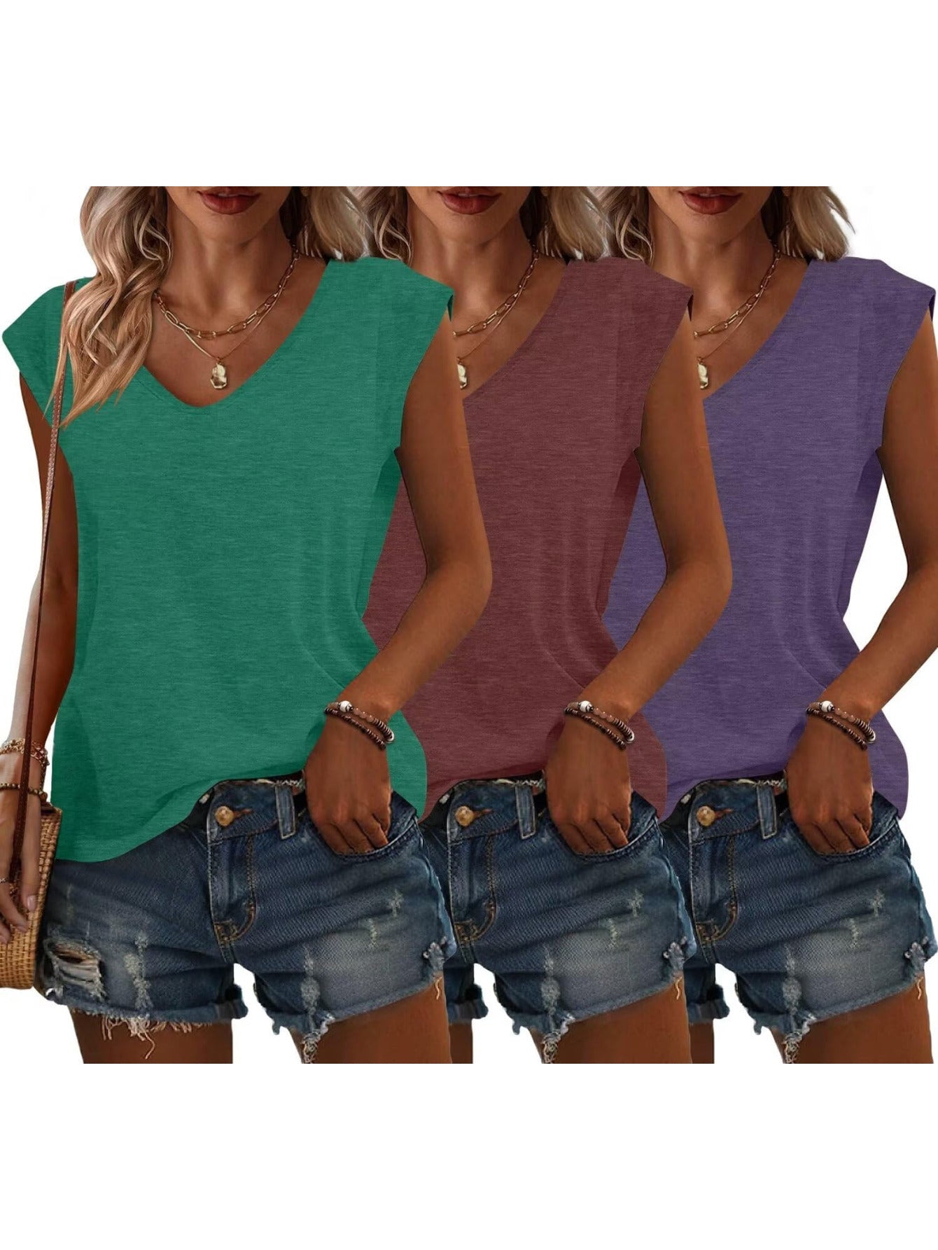 3 Pack Cap Sleeve U Neck Tank Tops for Women Casual Loose Fit Basic Tee Shirts Spring Summer 2024 Fashion