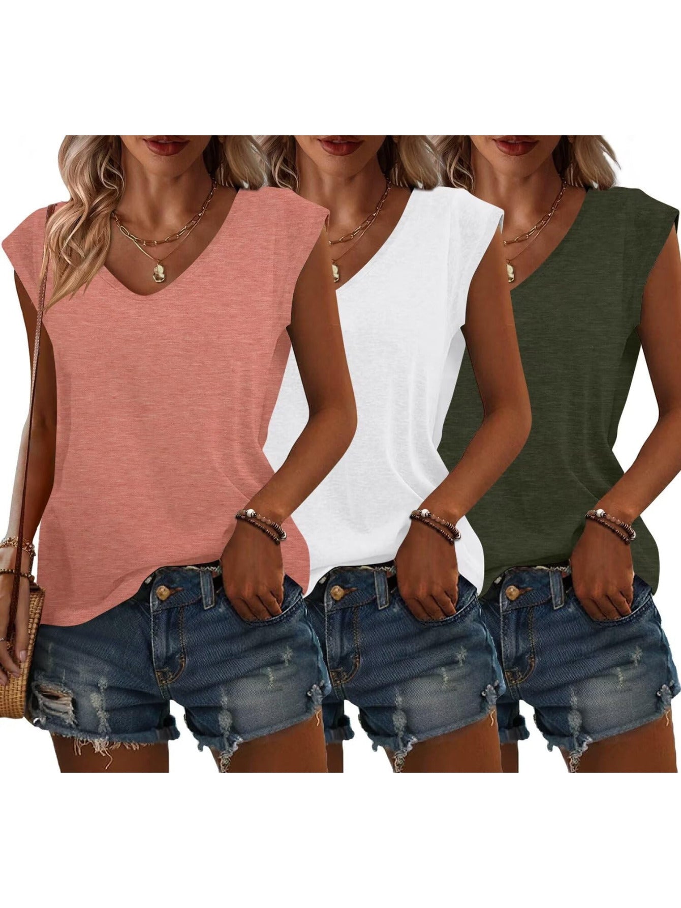 3 Pack Cap Sleeve U Neck Tank Tops for Women Casual Loose Fit Basic Tee Shirts Spring Summer 2024 Fashion