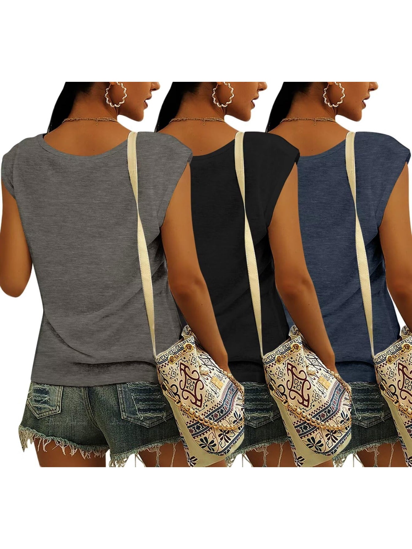 3 Pack Cap Sleeve U Neck Tank Tops for Women Casual Loose Fit Basic Tee Shirts Spring Summer 2024 Fashion