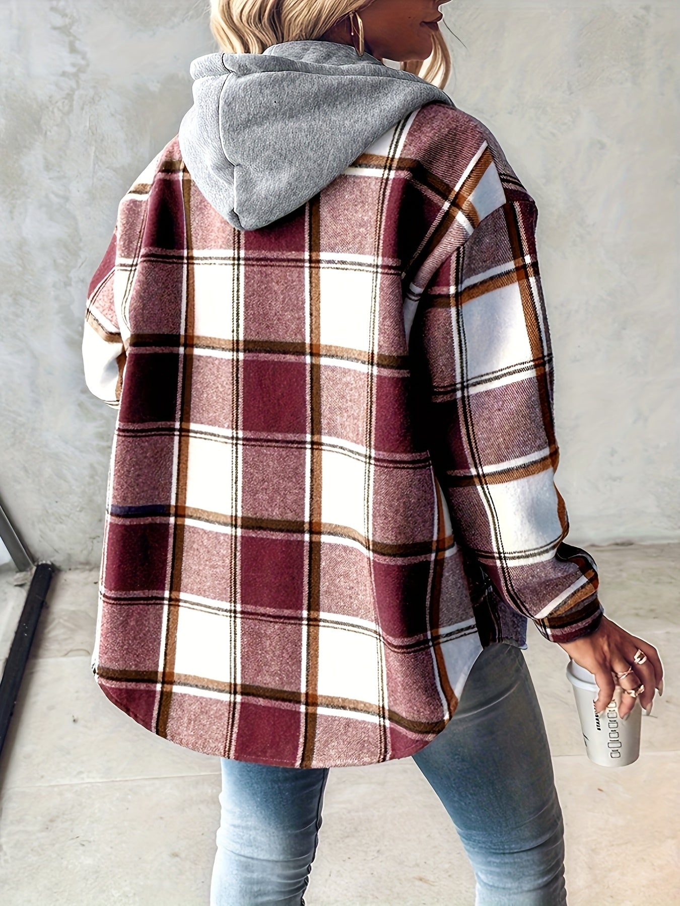 Chicme Women's Hooded Fleece-Lined Plaid Shacket Jacket