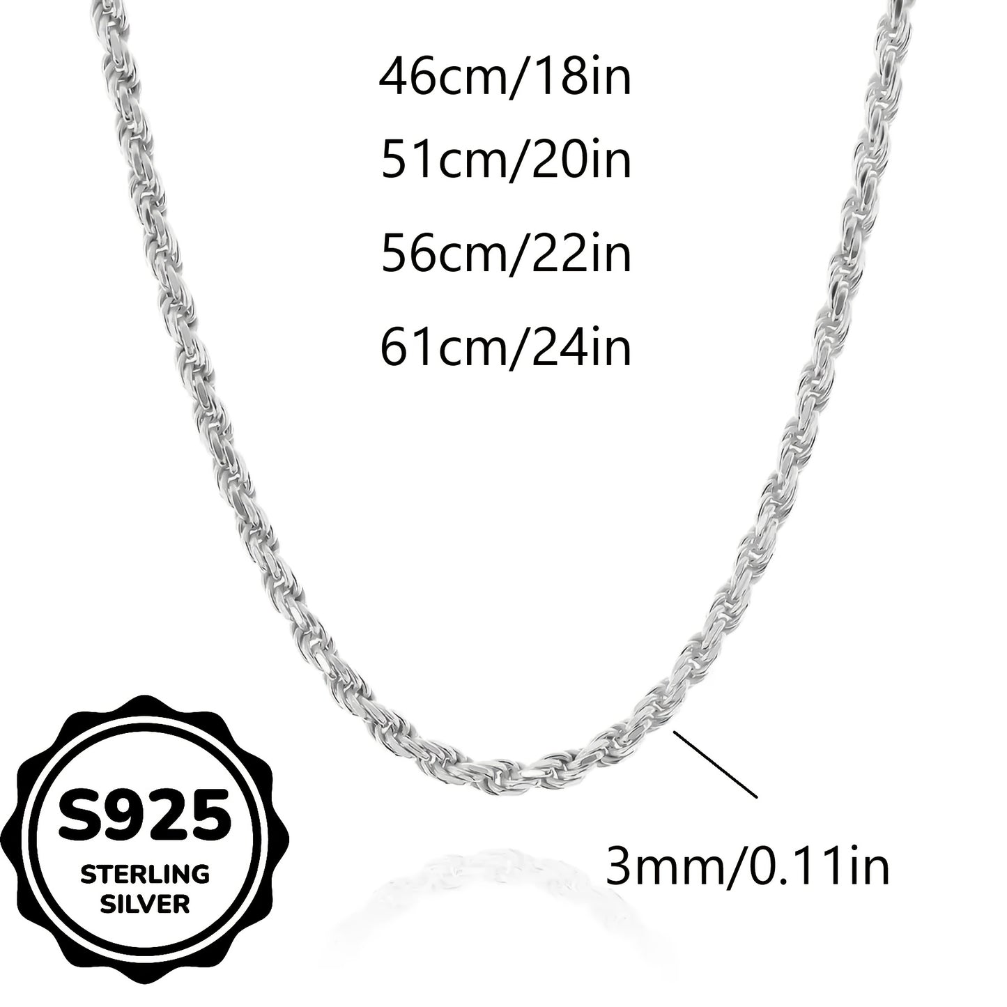 Sterling Silver Necklace, 3mm Woven Rope Chain Gift Box