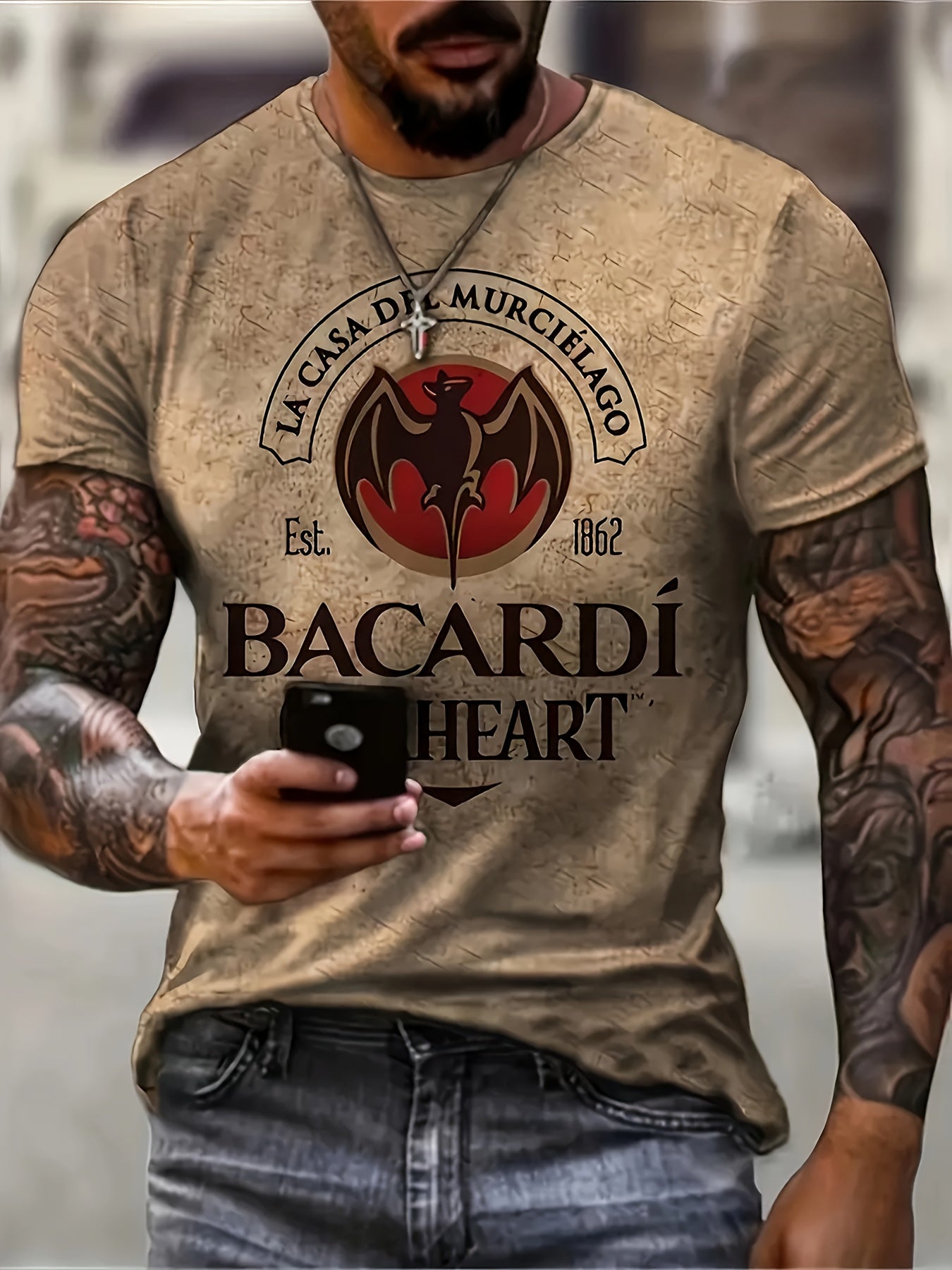 Men's Casual T-Shirt Bacardi Bat Heart Vintage Graphic Tee