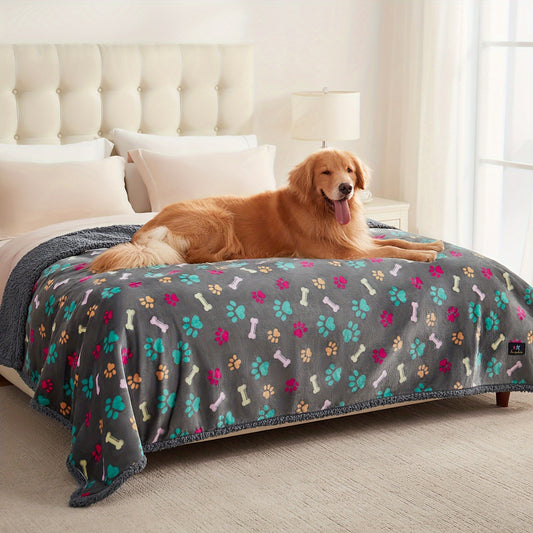 High Quality Reversible Pet Blanket for Dogs Soft Coral Fleece Winter Blanket with Paw Print Design Liquid Proof Washable Furniture Protector for Couch Bed Sofa Grey and Multicolor Dog Blanket