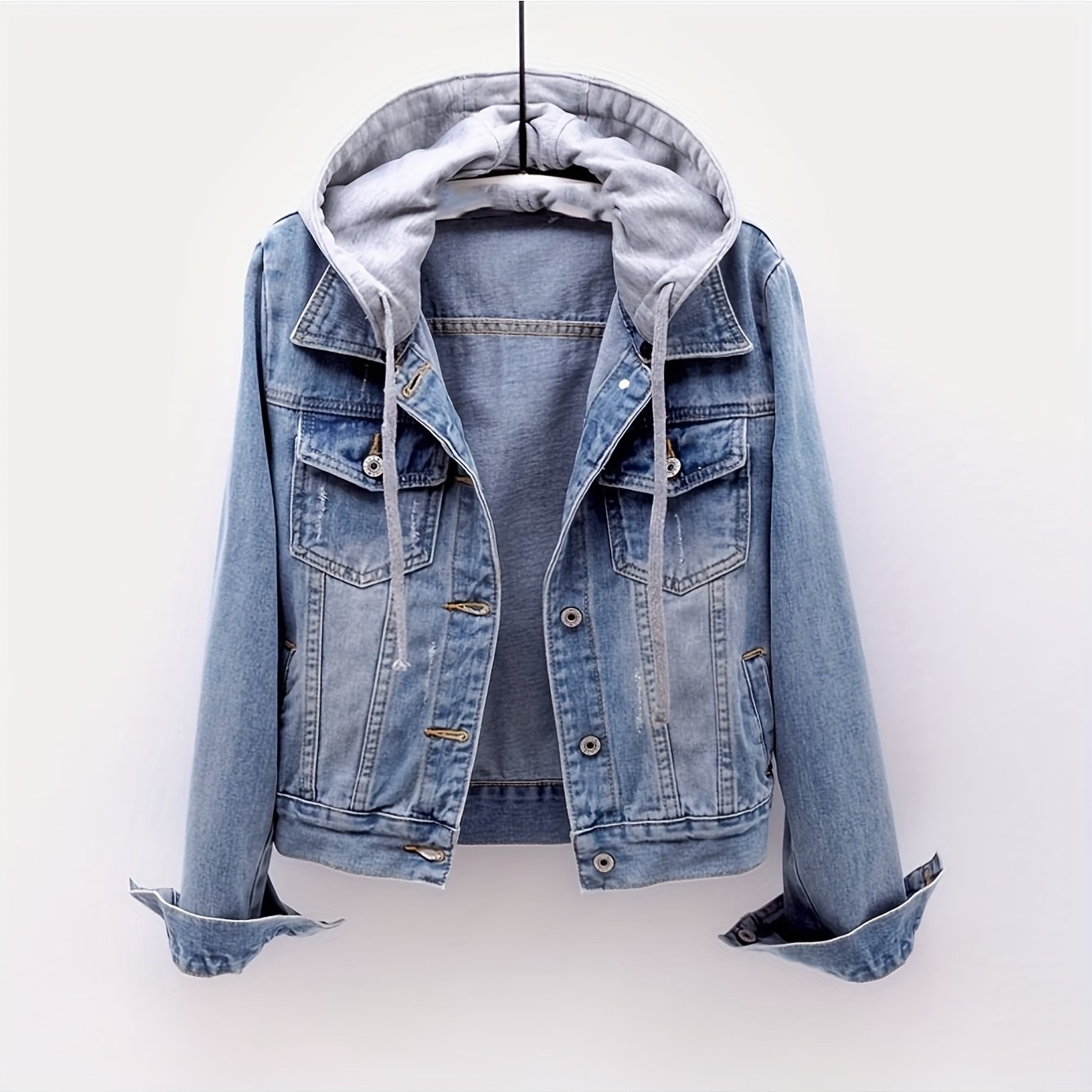 Womens Casual Denim Hooded Jacket Short With Removable Hood