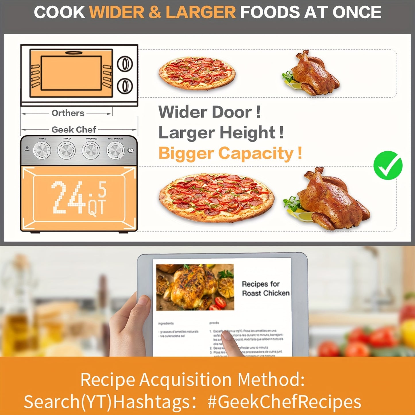 Geek Chef Air Fryer, 6 Slice 26QT Air Fryer Toaster Oven Combo, Air Fryer Oven, Roast, Bake, Broil, Reheat, Fry Oil-Free, Extra Large Convection Countertop Oven, Accessories Included, Stainless Steel, ETL Listed, 1700W