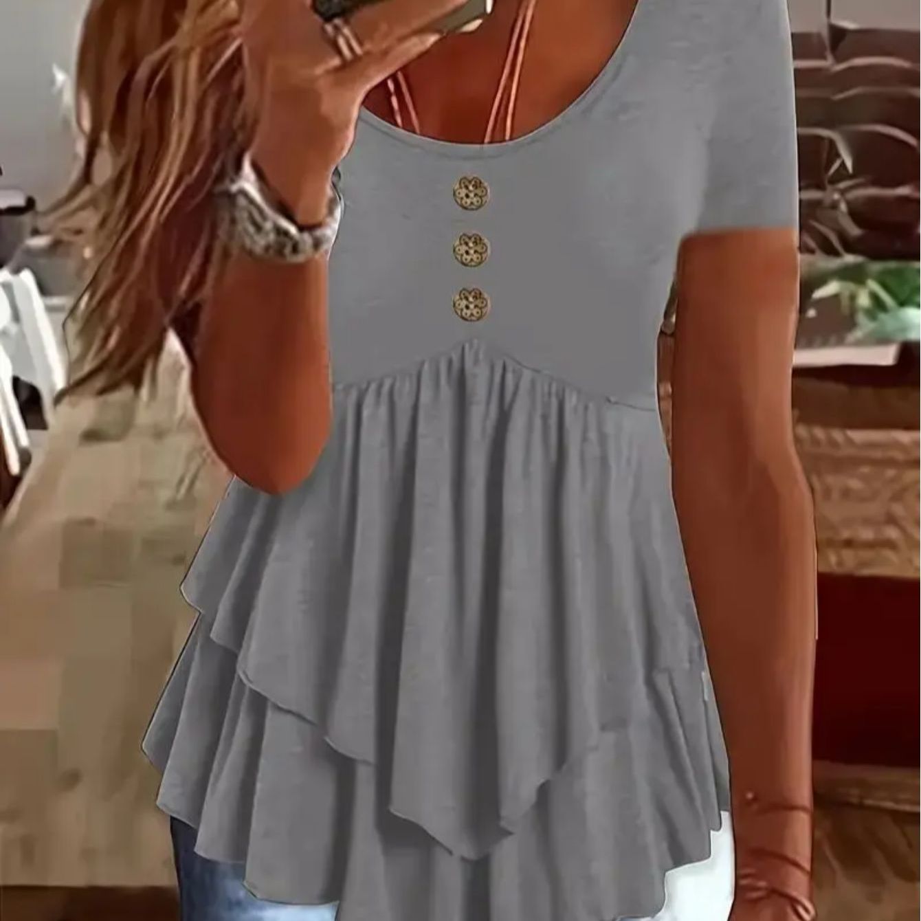 Women's Casual Short Sleeve Crew Neck T-Shirt Solid Color Button Front Flare Top Summer Blouse with Ruffles