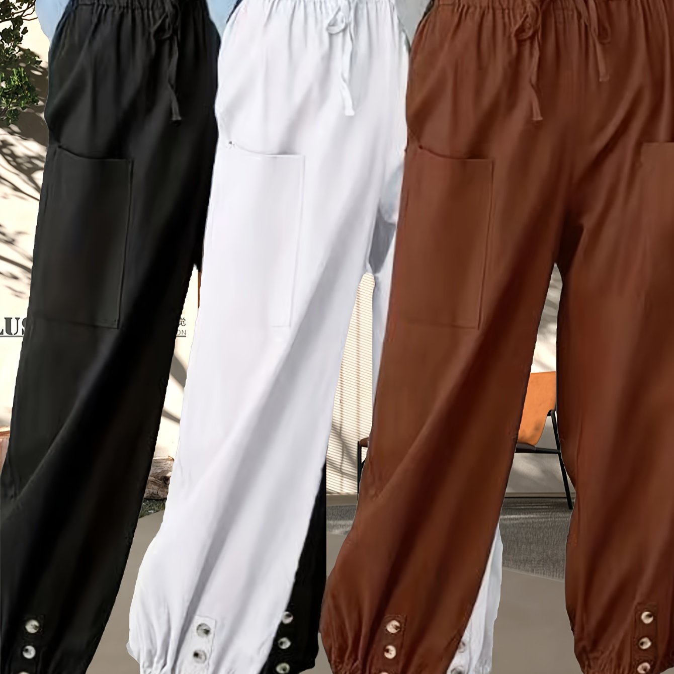 3-Pack Of Loose-Fitting High-Waisted Buttoned Linen Cropped Wide-Leg Unisex Pants With Pockets For Easy Outings