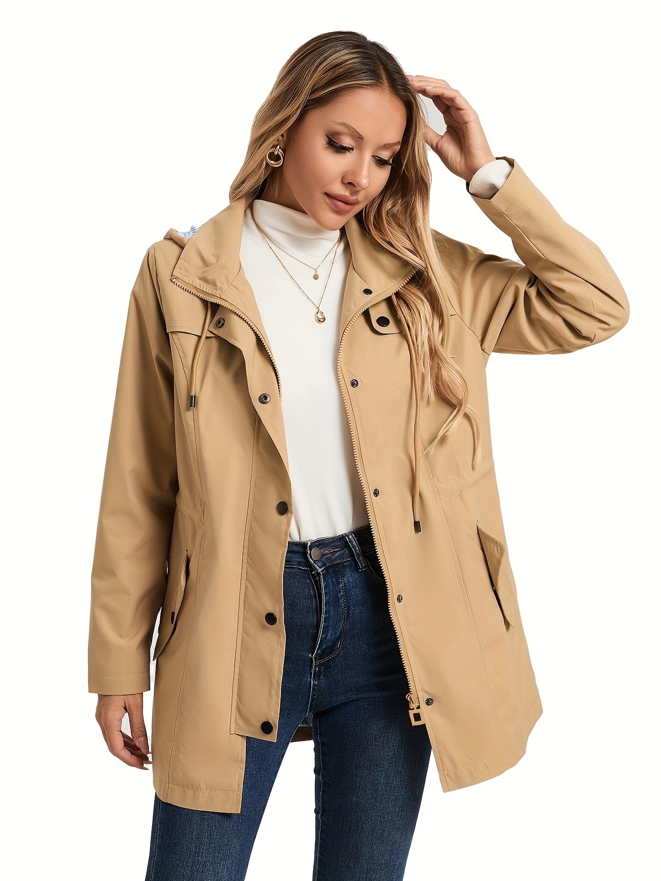 Women's Elegant High Quality Windbreaker Raincoat with Hood - High Elasticity Mid-Length Long Sleeve Jacket, Beige Trench Coat for Spring/Fall Outdoor Commute & Casual Outings, Spring Fall Jacket | Elegant Raincoat | High Qua