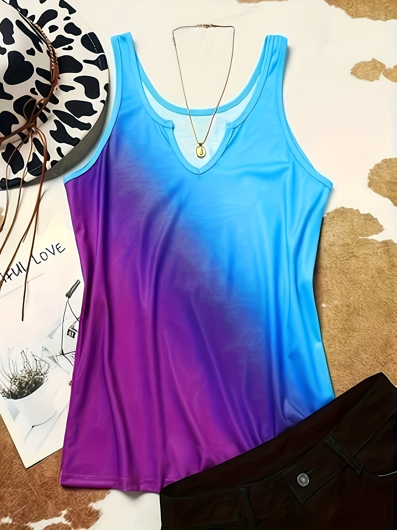 Ombre Notched Neck Tank Top Casual Sleeveless Top for Spring and Summer Women's Clothing