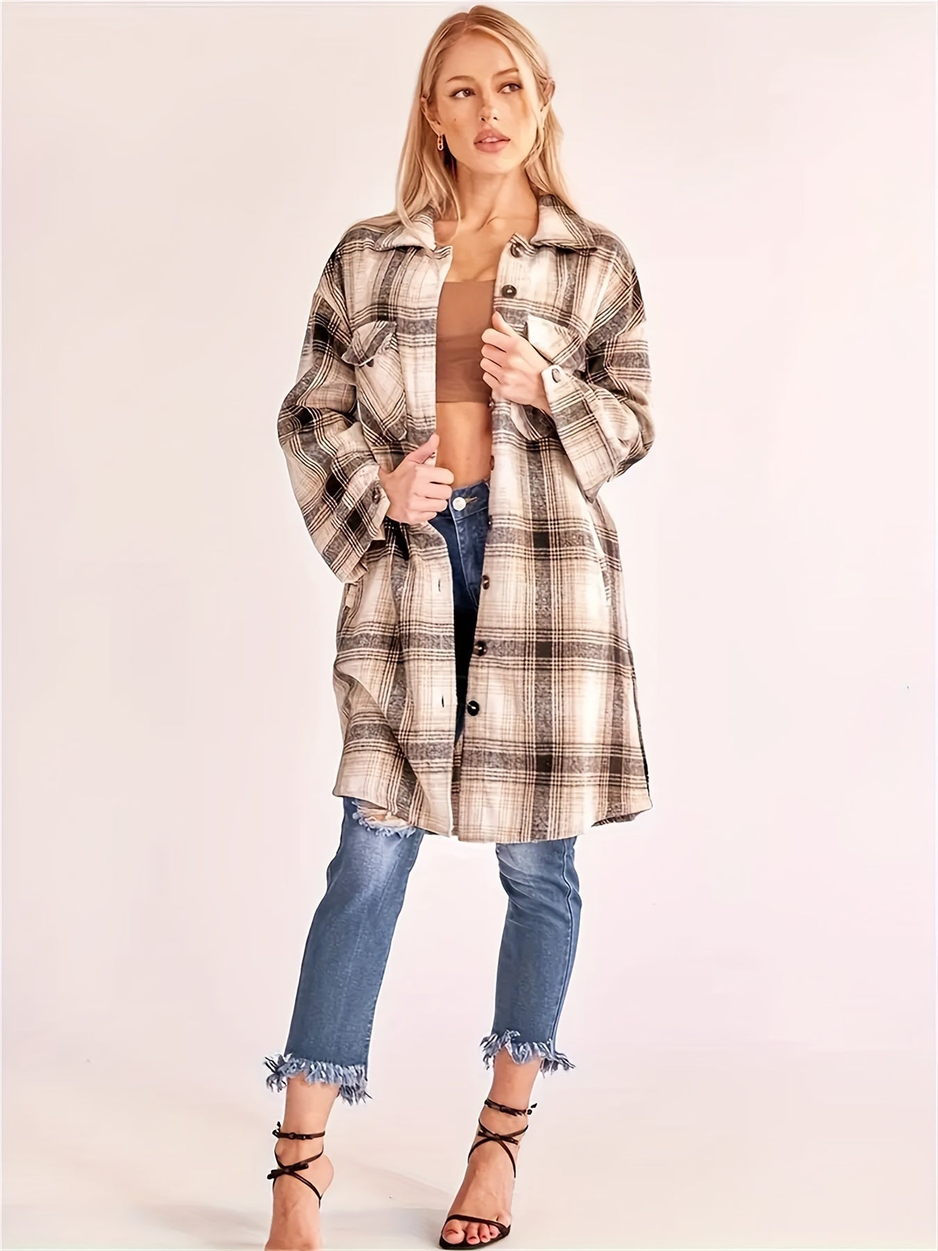 Classic Mid-Length Buffalo Plaid Shirt Jacket with Functional Pocket, Chic Turndown Collar, and Contrasting Buttons