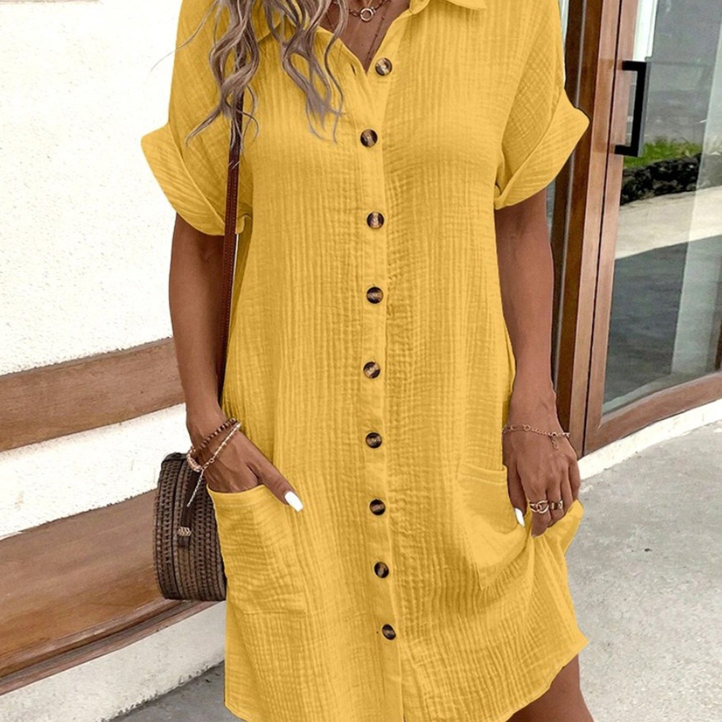 Women'S Summer Mini Dress Short Sleeve Lapel Collar Fashion