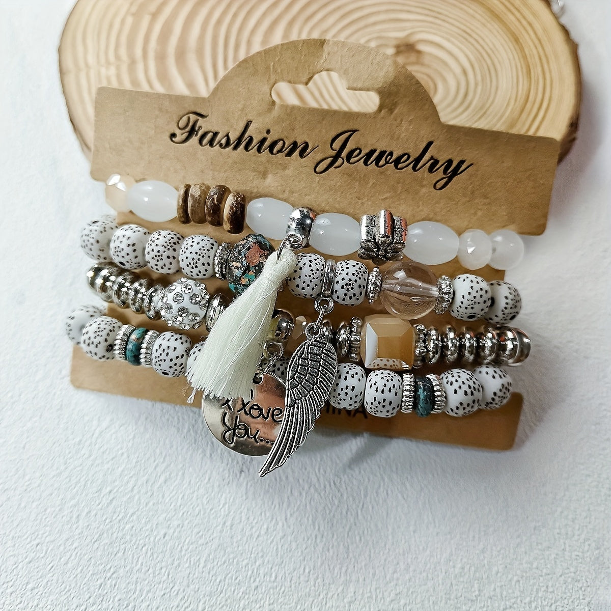 4 Pieces Set Bohemian Wing Round Tassel Multilayer Glass Beads Retro Bracelet for Women Leisure Vacation Jewelry Gift