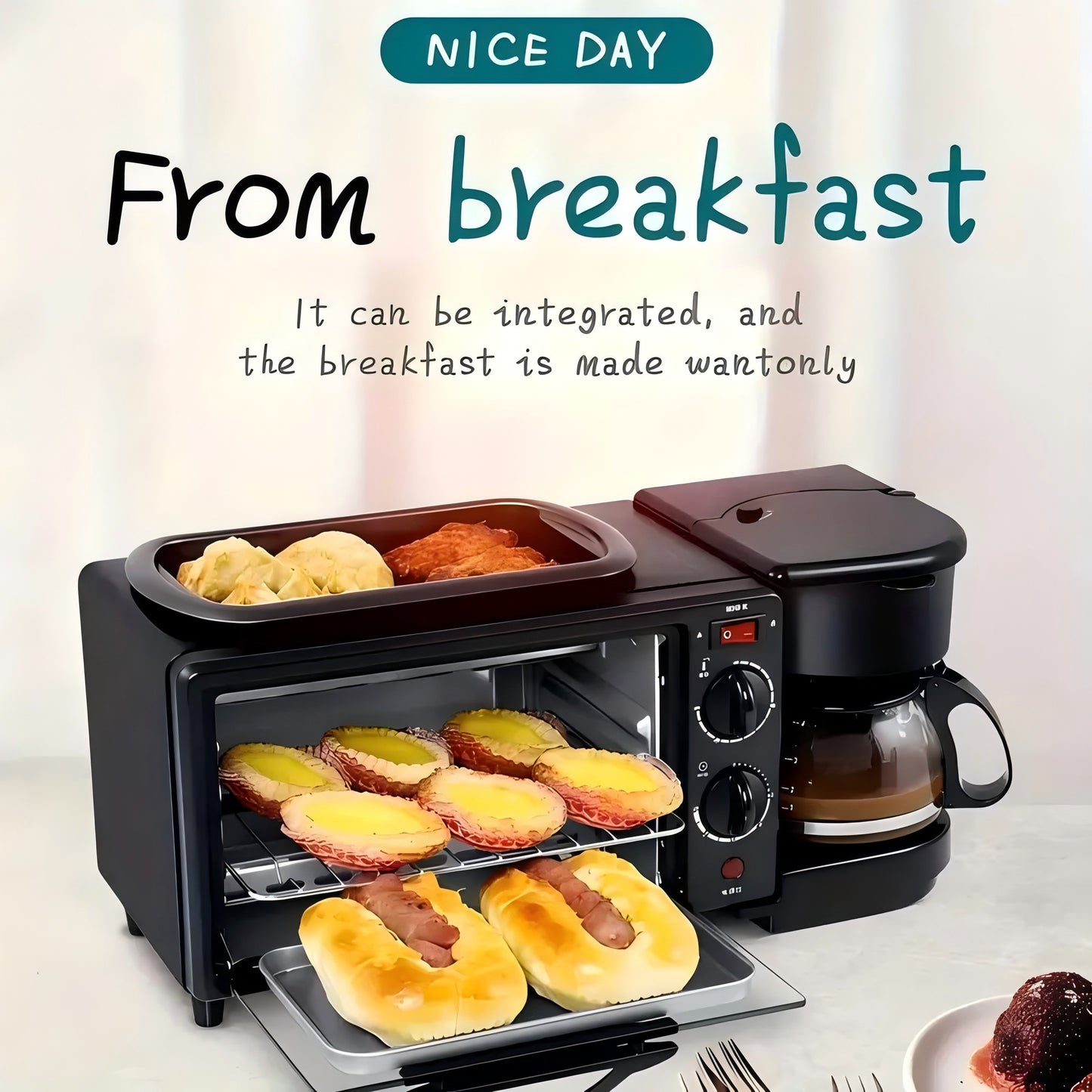 3 In 1 Portable Oven With Coffee Maker And Non-stick Grill