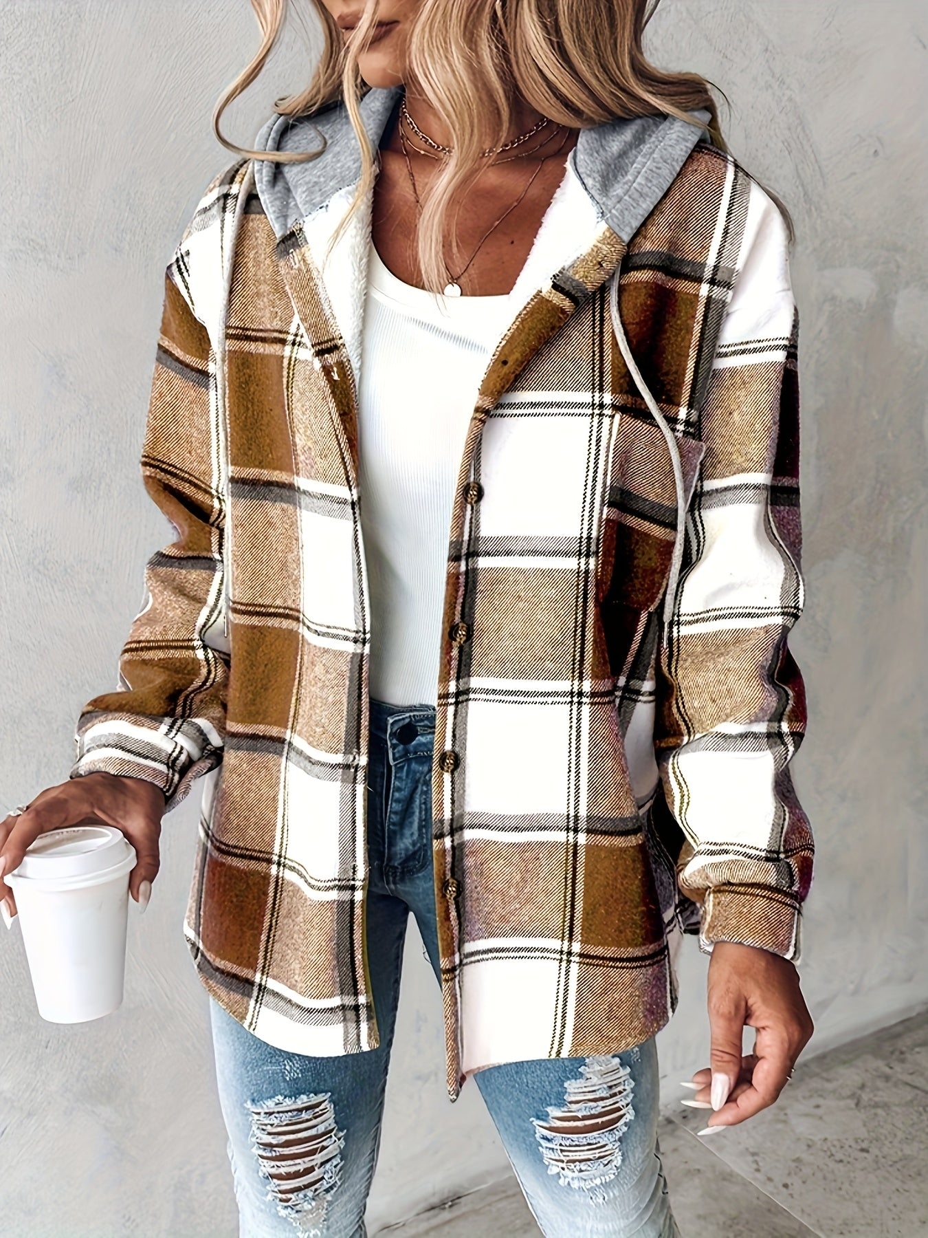 Chicme Women's Hooded Fleece-Lined Plaid Shacket Jacket