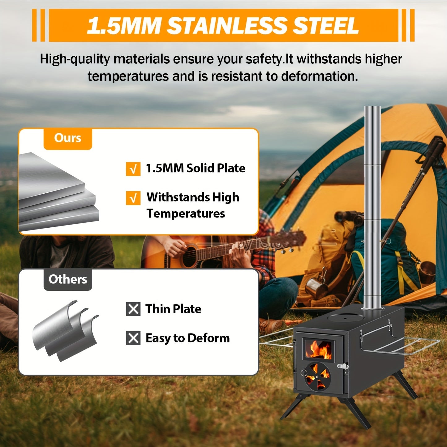 Portable Carbon Steel Wood Stove With Seven Chimney Pipes