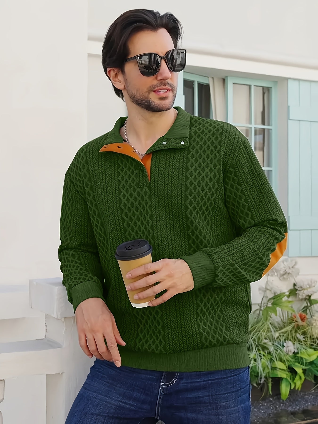 Men's Casual Sporty Diamond - Patterned Knit Jacquard Hoodie with Button Details - Stand - Up Collar, Long Sleeves, Stretch Fabric, Grey with Orange Accents