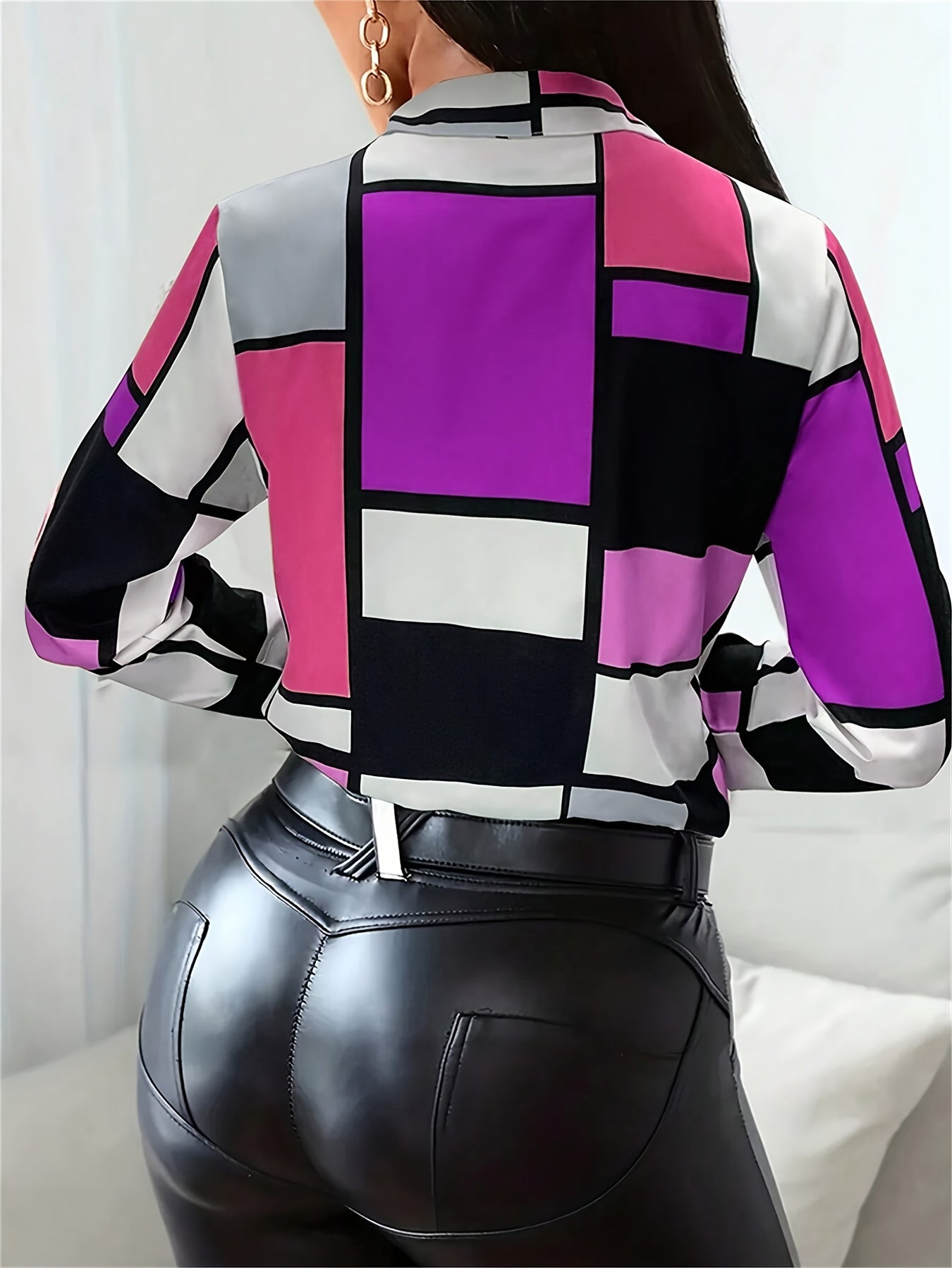 SCACTO Women's Plaid Button Long Sleeve Lapel Shirt Top