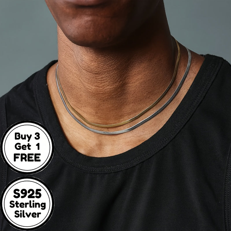 Italy S925 Sterling Silvery 4mm Flat Snake Bone Chain Necklace, Suitable for Men's and Women's Necklaces