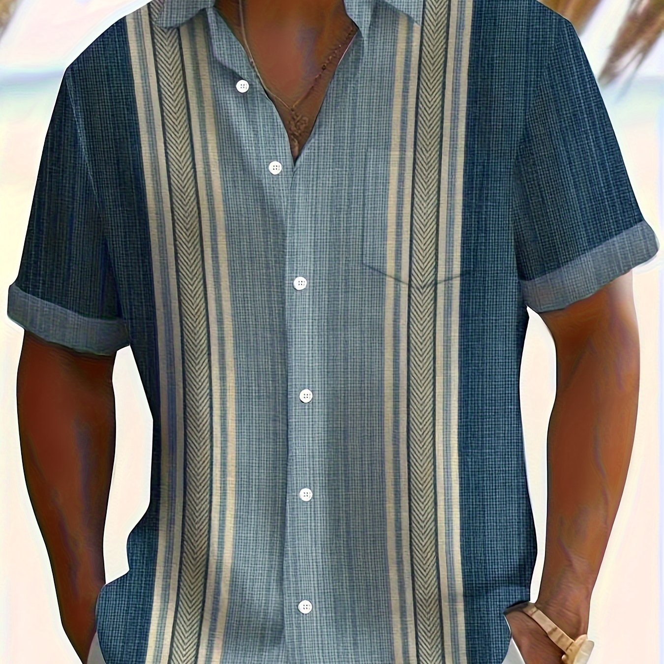 Summer Breathable Men's Short Sleeve Striped Shirt - Casual Button-Up for Vacation & Outdoor Activities