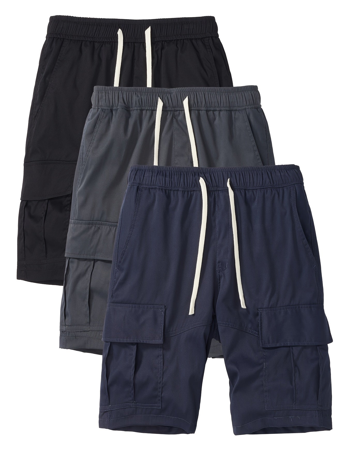3 Piece Men's Outdoor Cargo Shorts with Adjustable Drawstring Waist and Multiple Pockets Loose Fit Casual Shorts for Hiking Running Spring Summer Fall Black Dark Gray Tan