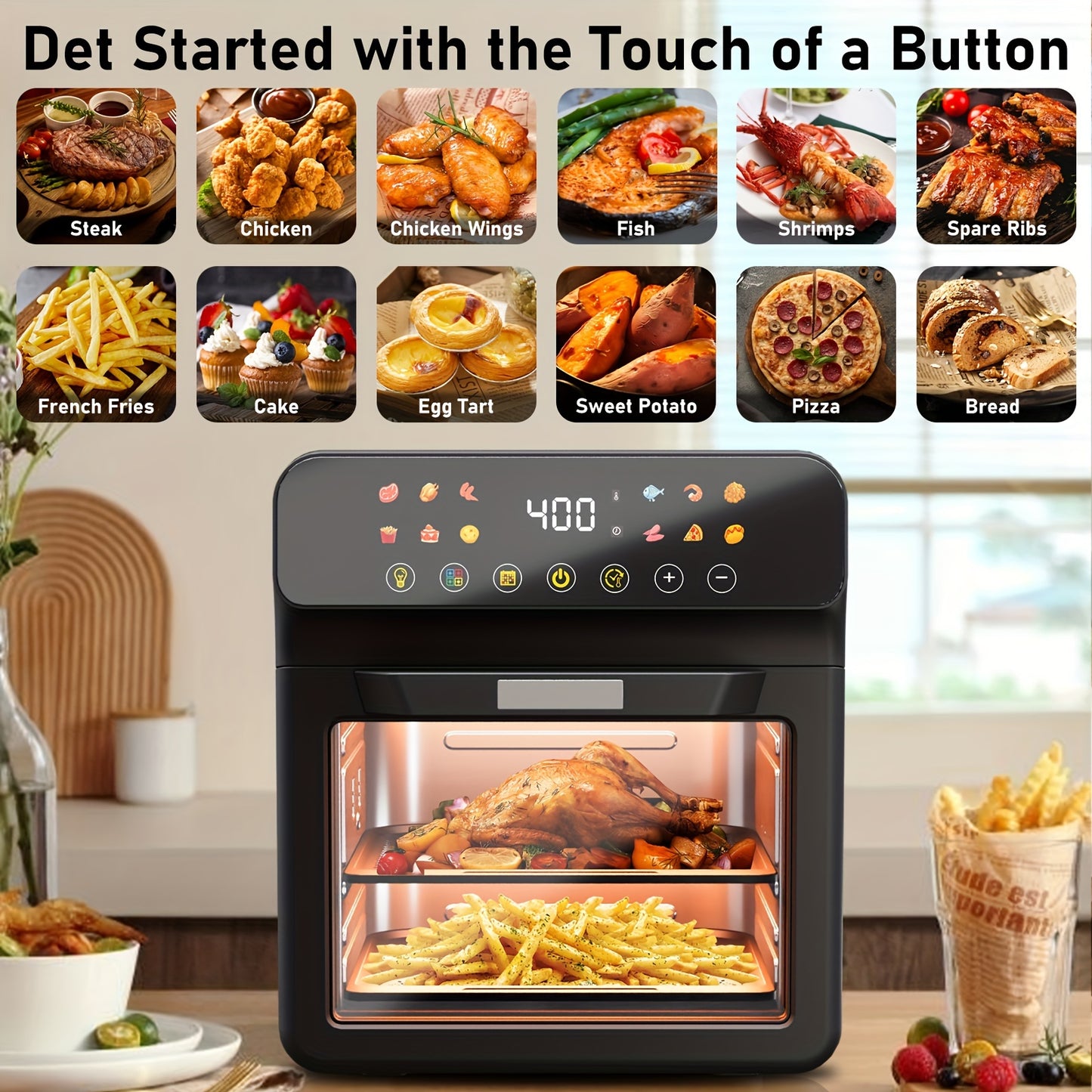 Bluebow 12QT Extra Large Convection Countertop Oven Air Fryer Toaster Oven Combo Roast Bake Broil Reheat Fry Oil Free Stainless Steel LED Digital Touchscreen Visible