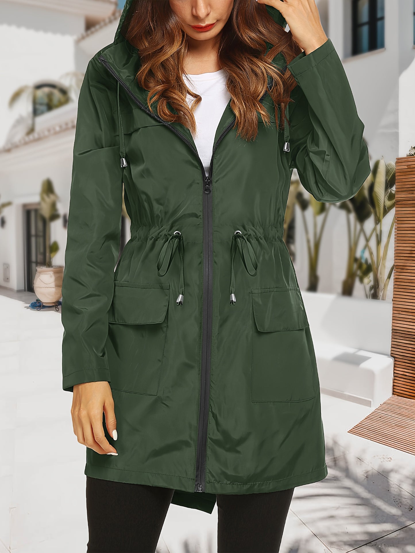 Women's High Quality Lightweight Hooded Raincoat Jacket Navy Blue Full Length Outdoor Sports Coat with Zippered Pockets Adjustable Drawstrings and Elastic Cuffs Machine Washable All Season Wear