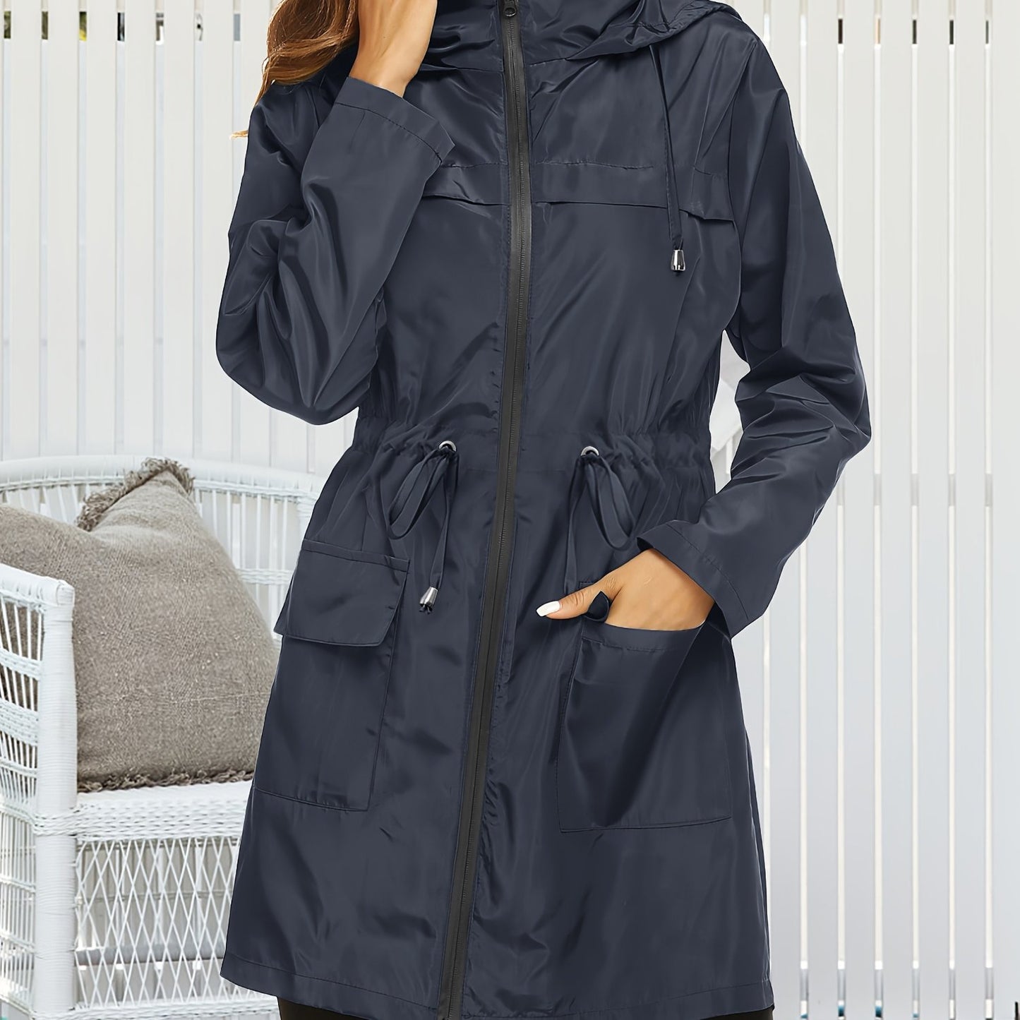 Women's High Quality Lightweight Hooded Raincoat Jacket Navy Blue Full Length Outdoor Sports Coat with Zippered Pockets Adjustable Drawstrings and Elastic Cuffs Machine Washable All Season Wear