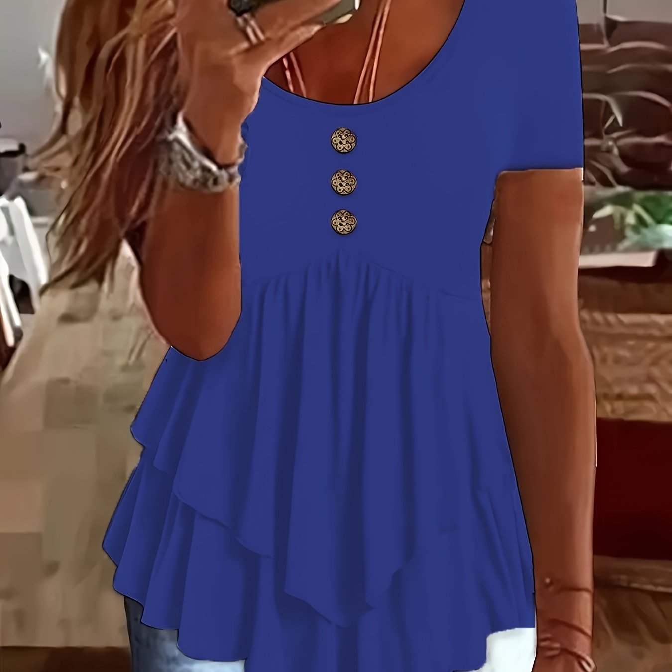 Women's Casual Short Sleeve Crew Neck T-Shirt Solid Color Button Front Flare Top Summer Blouse with Ruffles