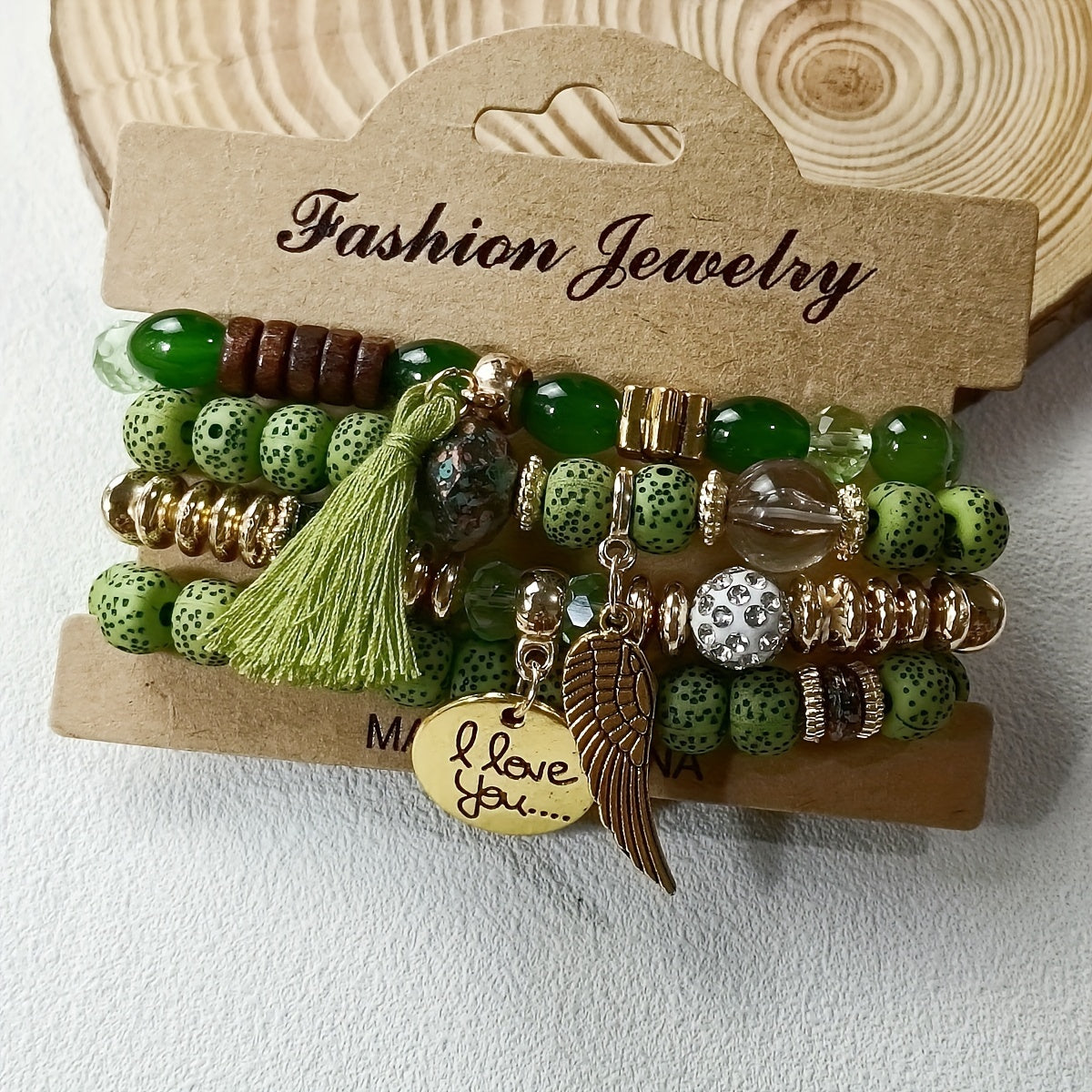 4 Pieces Set Bohemian Wing Round Tassel Multilayer Glass Beads Retro Bracelet for Women Leisure Vacation Jewelry Gift