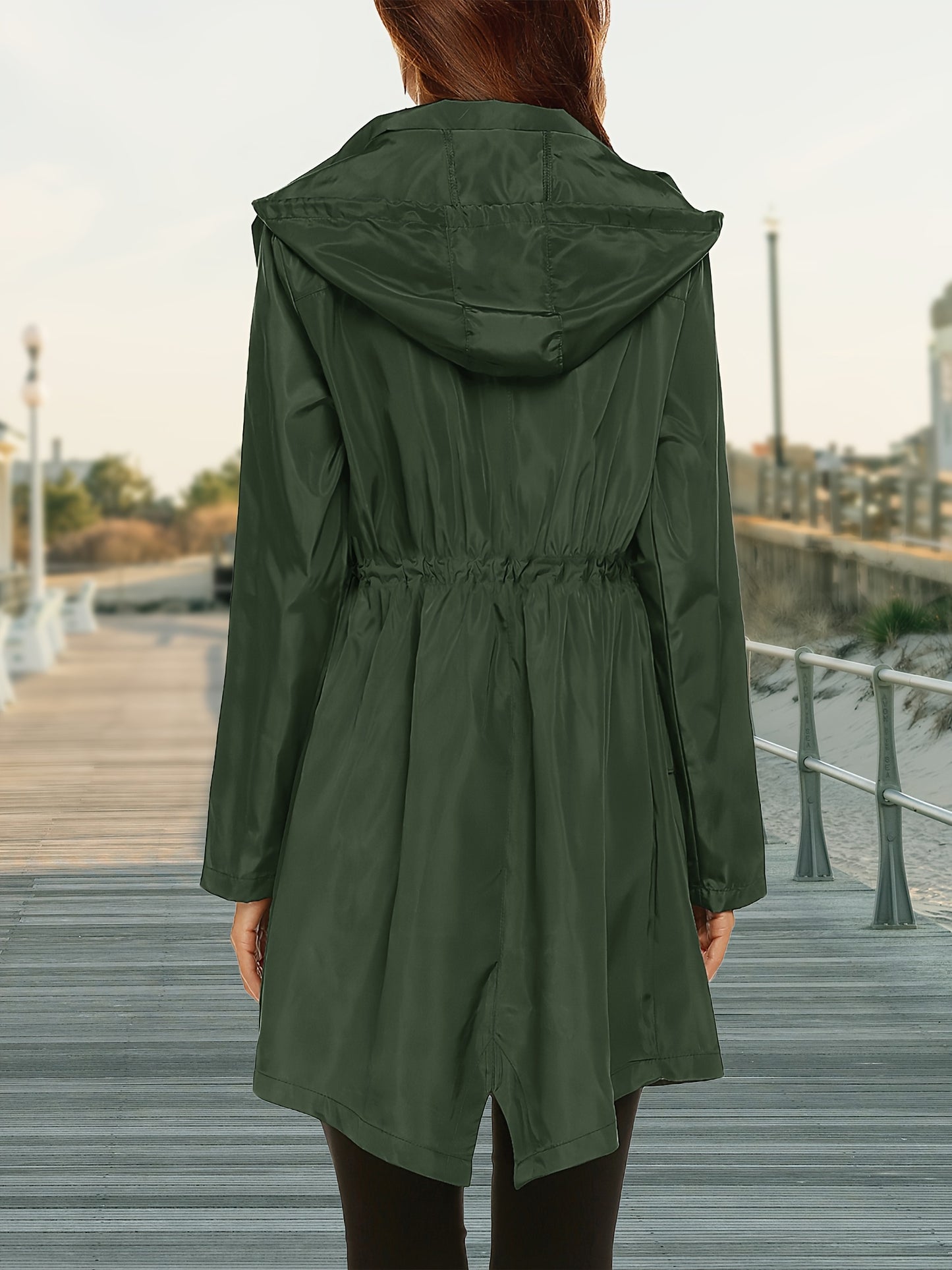 Women's High Quality Lightweight Hooded Raincoat Jacket Navy Blue Full Length Outdoor Sports Coat with Zippered Pockets Adjustable Drawstrings and Elastic Cuffs Machine Washable All Season Wear