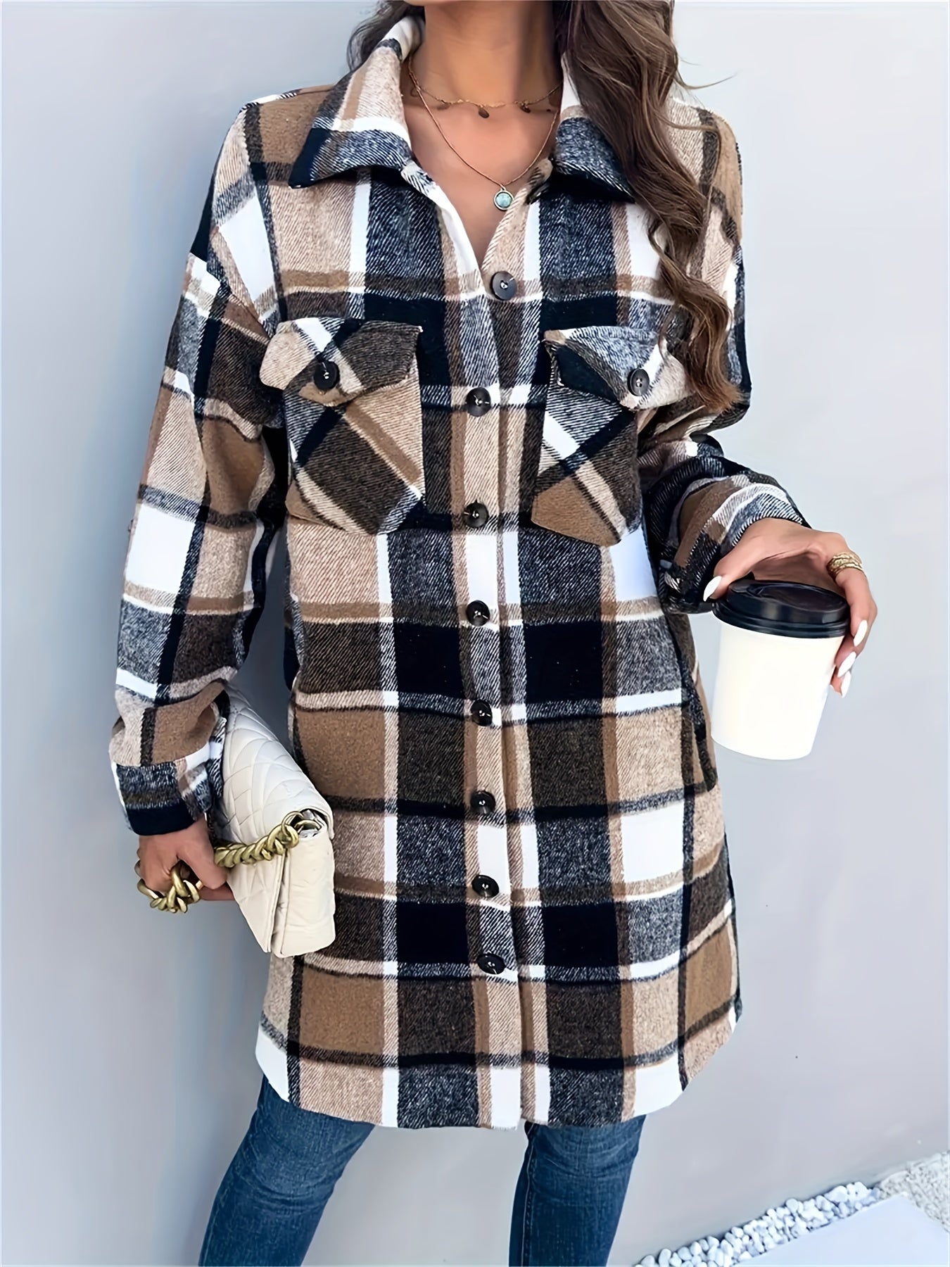 Classic Mid-Length Buffalo Plaid Shirt Jacket with Functional Pocket, Chic Turndown Collar, and Contrasting Buttons