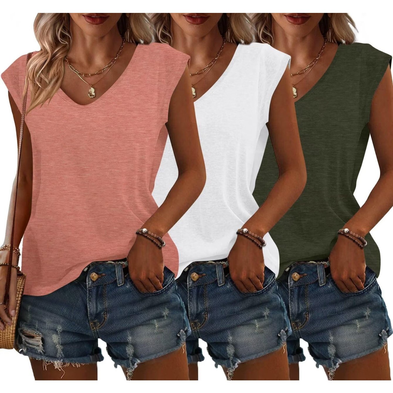 3 Pack Cap Sleeve U Neck Tank Tops for Women Casual Loose Fit Basic Tee Shirts Spring Summer 2024 Fashion