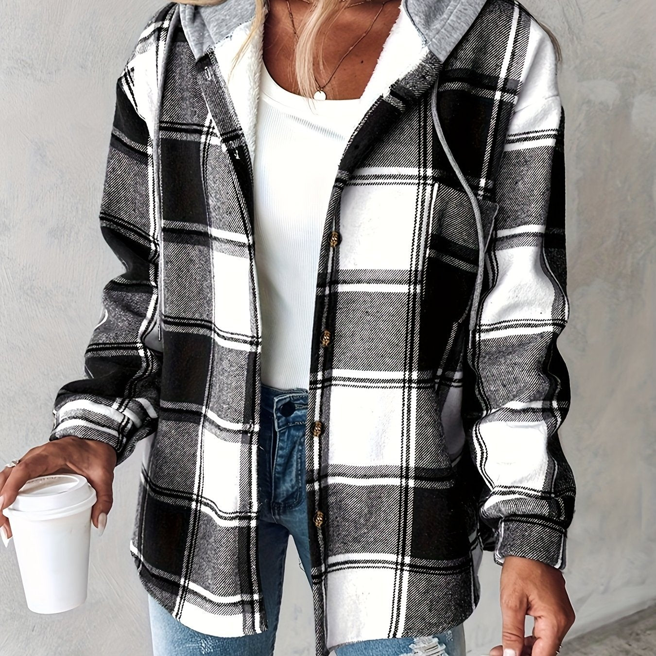 Chicme Women's Hooded Fleece-Lined Plaid Shacket Jacket