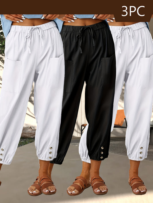 3-Pack Of Loose-Fitting High-Waisted Buttoned Linen Cropped Wide-Leg Unisex Pants With Pockets For Easy Outings