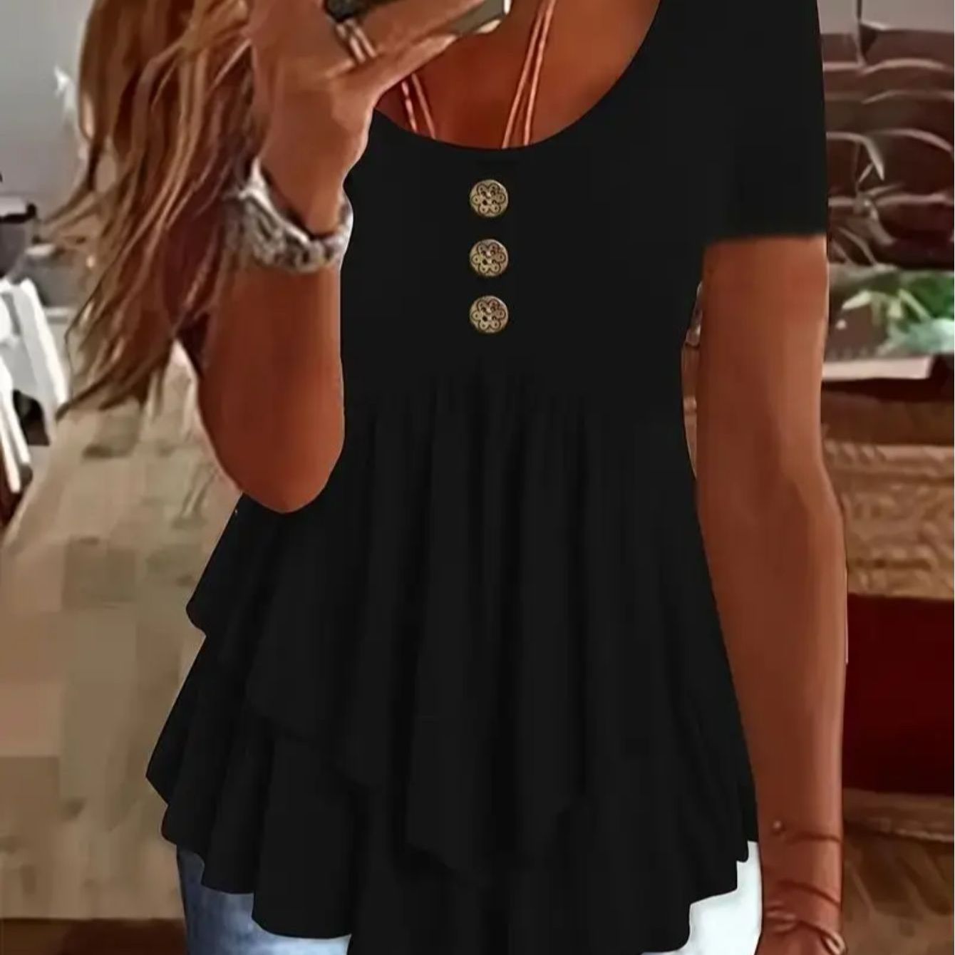 Women's Casual Short Sleeve Crew Neck T-Shirt Solid Color Button Front Flare Top Summer Blouse with Ruffles