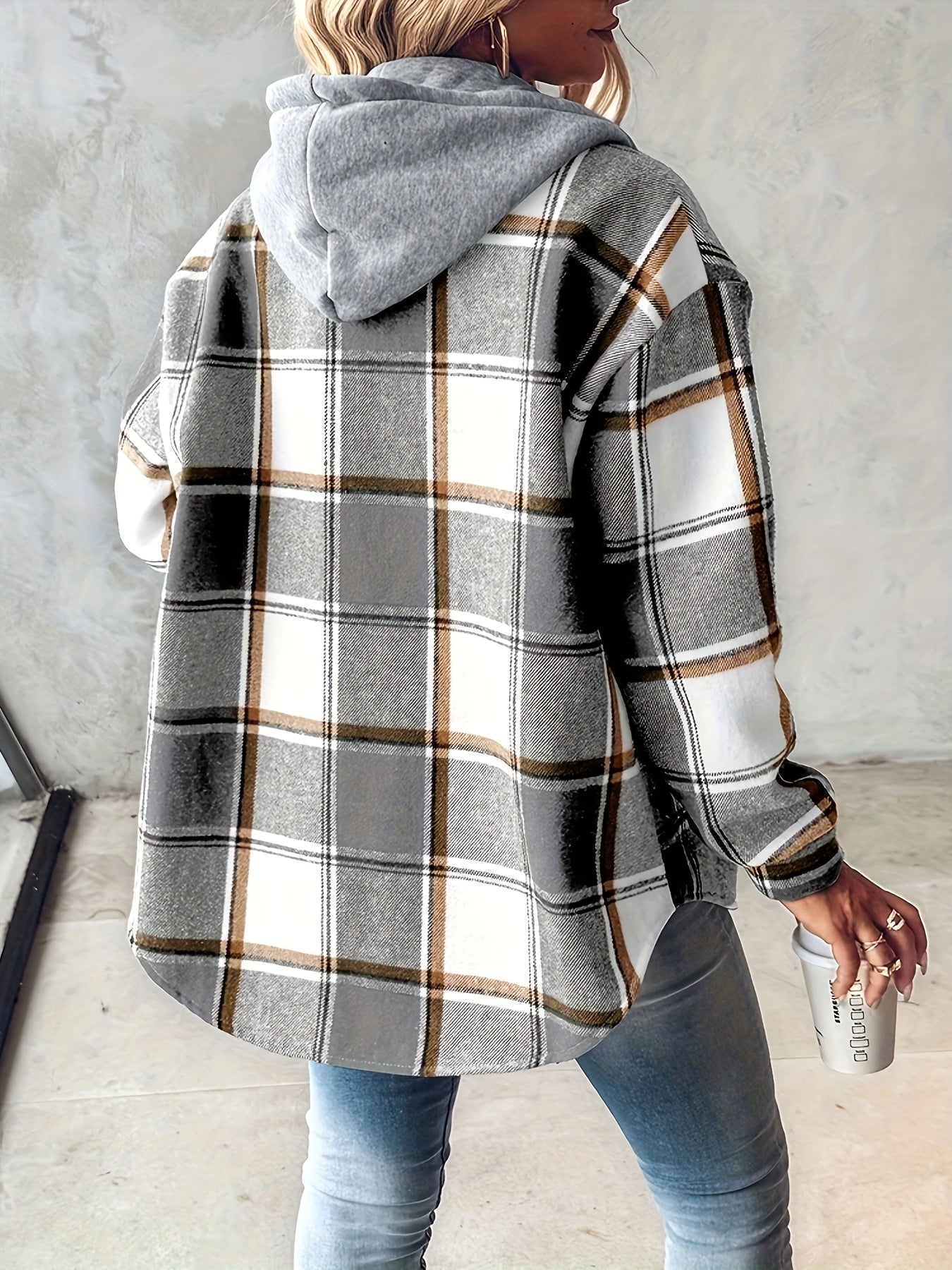 Chicme Women's Hooded Fleece-Lined Plaid Shacket Jacket