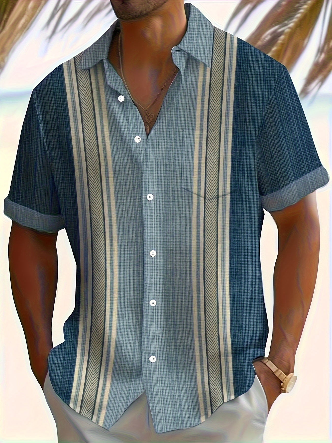 Summer Breathable Men's Short Sleeve Striped Shirt - Casual Button-Up for Vacation & Outdoor Activities