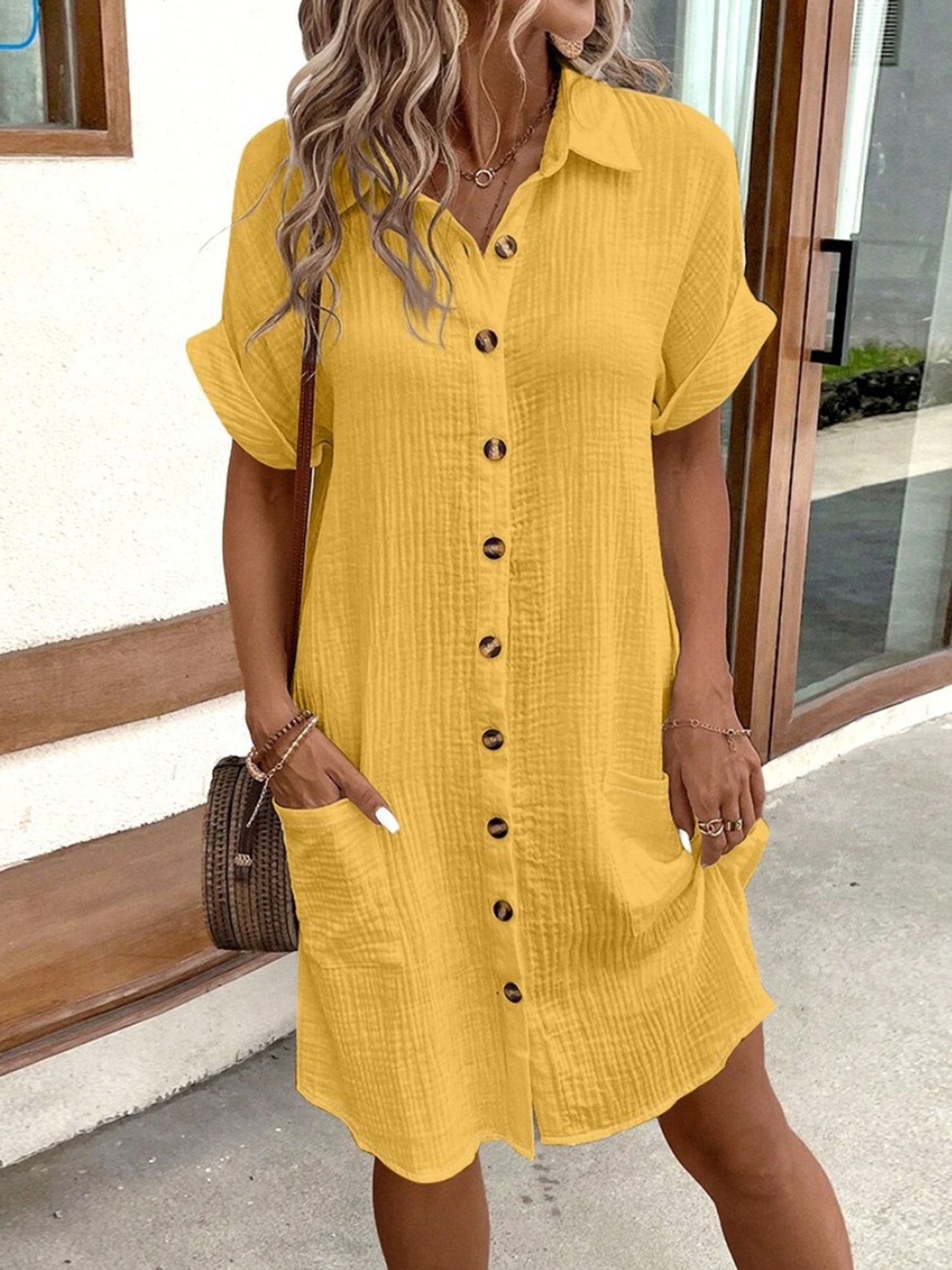 Women's Summer Mini Dress Short Sleeve Lapel Collar Button Pocket Fashion Shirt Dress