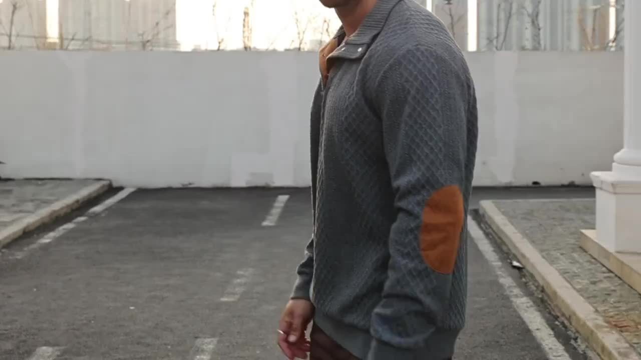 Men's Casual Sporty Diamond - Patterned Knit Jacquard Hoodie with Button Details - Stand - Up Collar, Long Sleeves, Stretch Fabric, Grey with Orange Accents