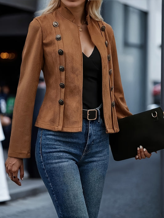 Vintage Solid Color Double-breasted Jacket - Women'S New Long-sleeved Decorative Design