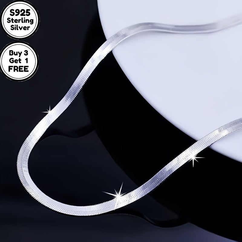 Italy S925 Sterling Silvery 4mm Flat Snake Bone Chain Necklace, Suitable for Men's and Women's Necklaces